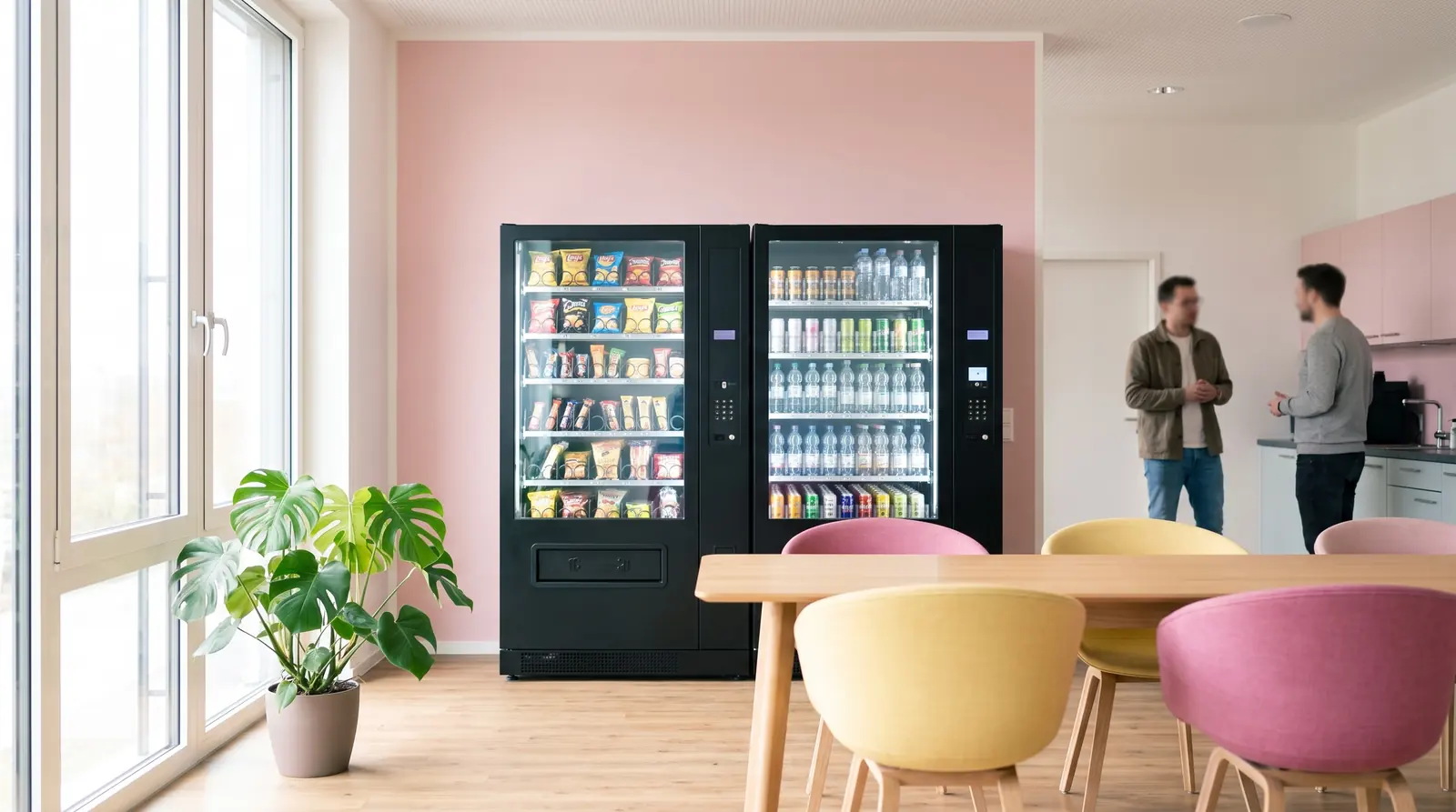 Heller Pausenraum mit Snack- und Getränkeautomat vor einer rosa Wand