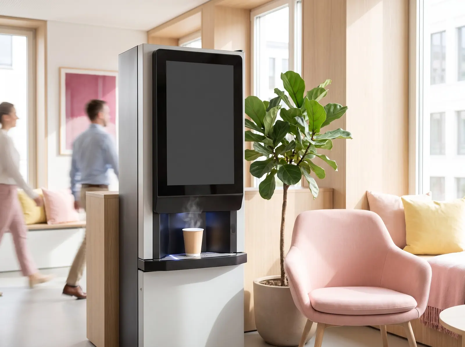 Kaffeeautomat mit Touchscreen im Empfangsbereich eines Büros