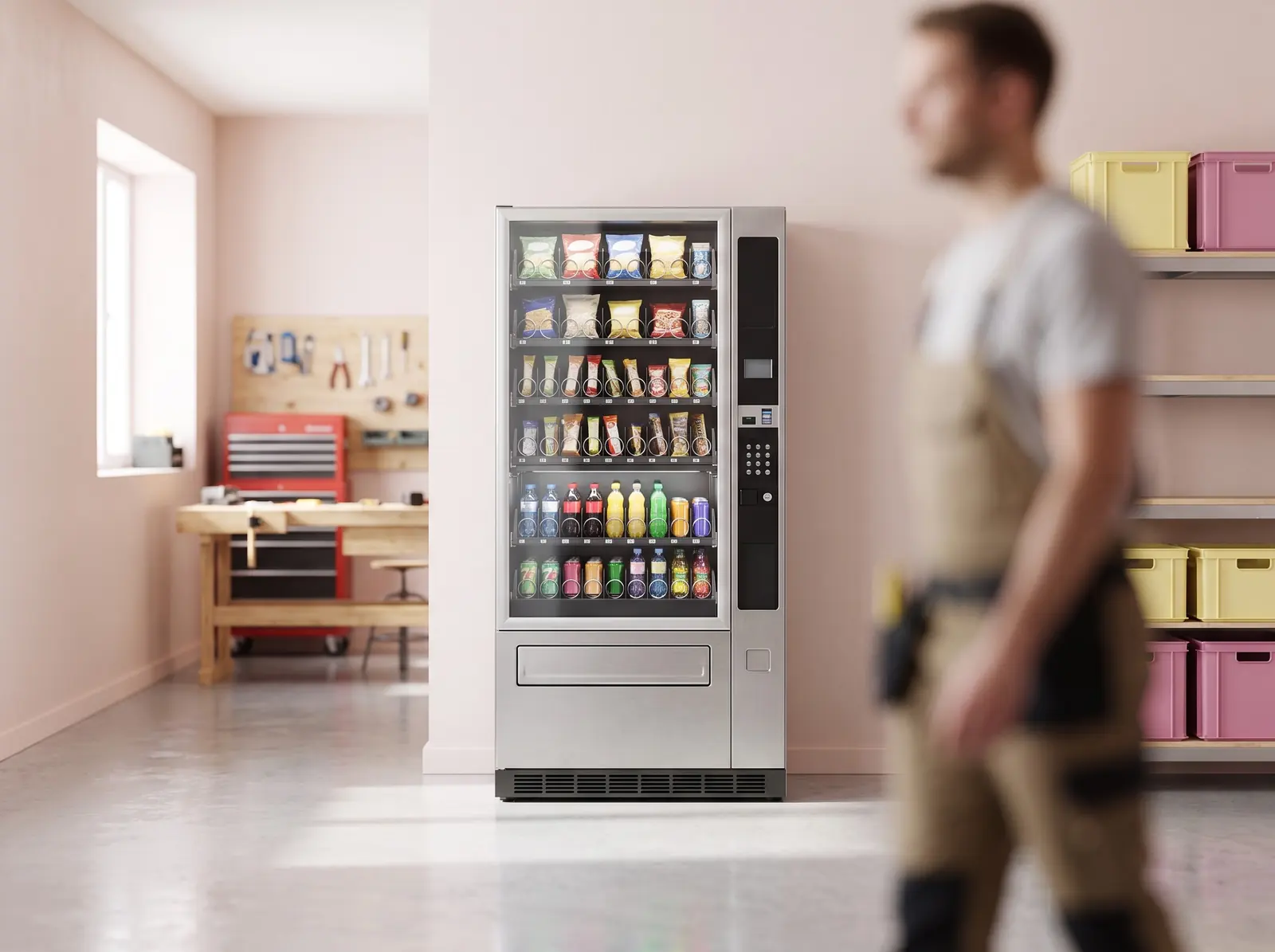 Kombiautomat mit Snacks und Getränken im Flur einer Werkstatt