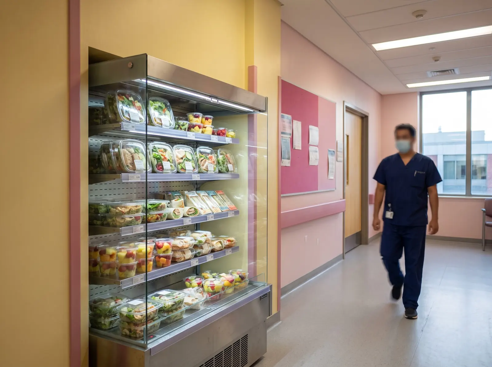 Kühlautomat mit Salaten, Wraps und Sandwiches in einem Klinikflur