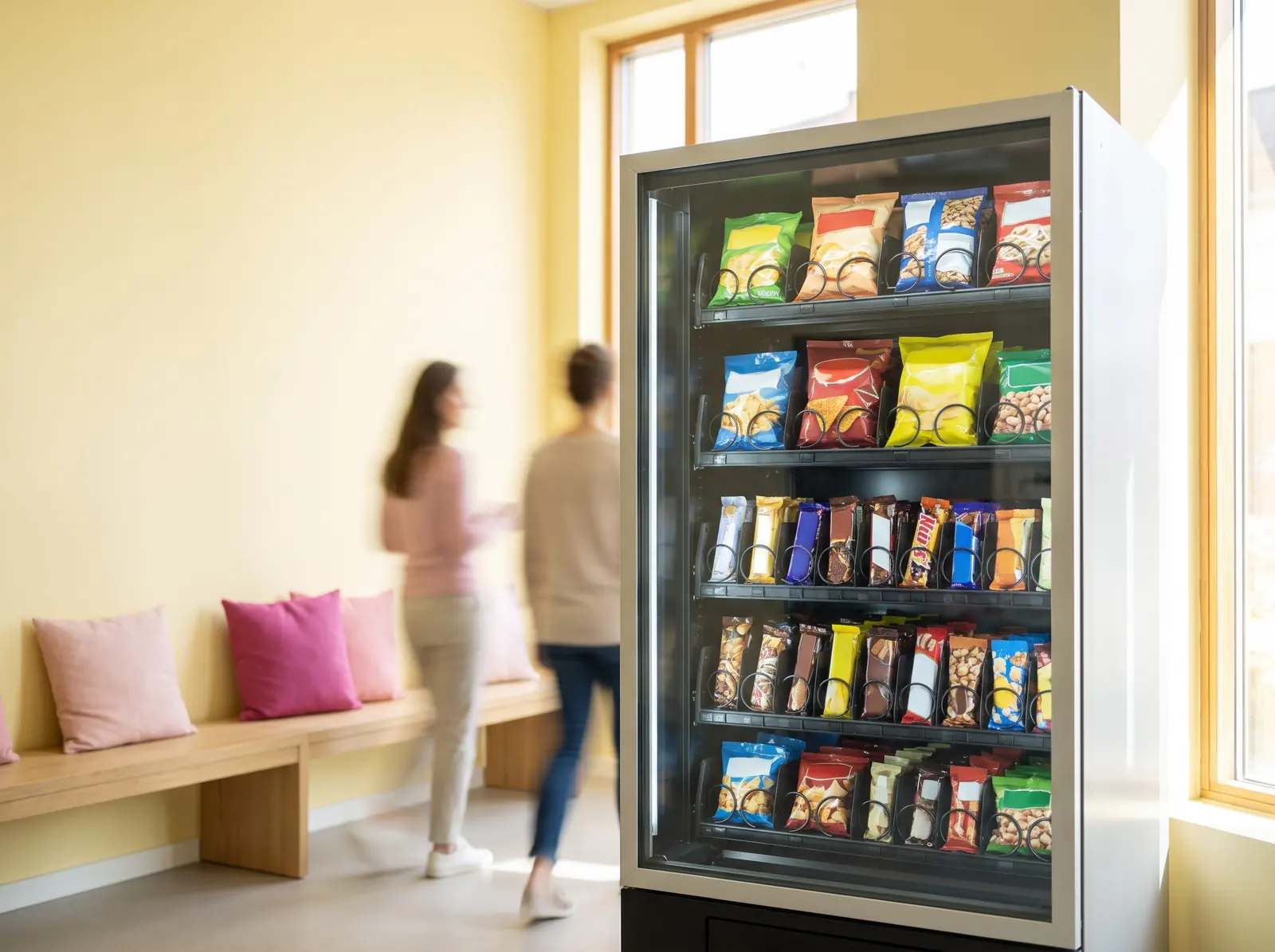 Snackautomat mit Chips, Riegeln und Keksen in einem Sozialraum